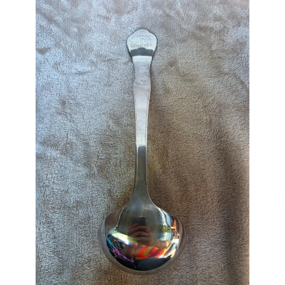 Spoonful of Comfort Stainless Steel Soup Ladle Embossed Floral Handle Silver